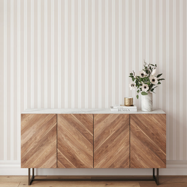 Neutral wall mural with beige stripes, soft ivory sections, and slender pinstripe accents for a calm modern bedroom or nursery design.