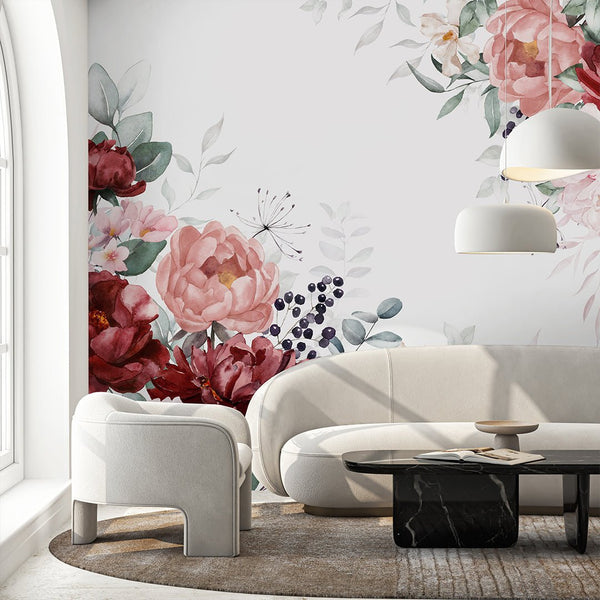 Pink Burgundy Flowers Bouquet Wall Mural SM028 - CostaCover - Peel and stick Removable Wallpaper - accent wallpaper - adhesive wallpaper - bathroom wallpaper