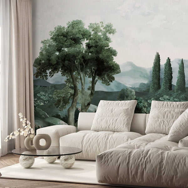 Green Vintage Landscape Wall Mural AM118 - CostaCover - Peel and stick Removable Wallpaper - abstract forest - abstract wallpaper - accent wallpaper