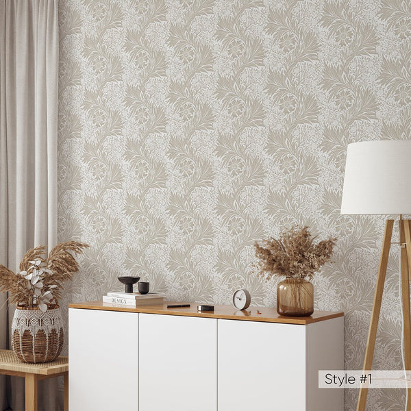 Beige & Green Marigold by Morris Wallpaper W129 - CostaCover - Peel and stick Removable Wallpaper - abstract floral - abstract wallpaper - accent wallpaper