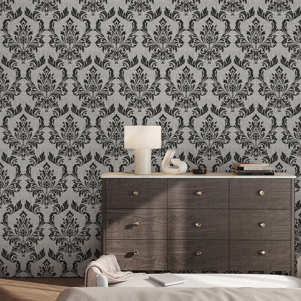 Black Gray Damask Wallpaper A028 - CostaCover - Peel and stick Removable Wallpaper - accent wallpaper - adhesive wallpaper - art deco bathroom