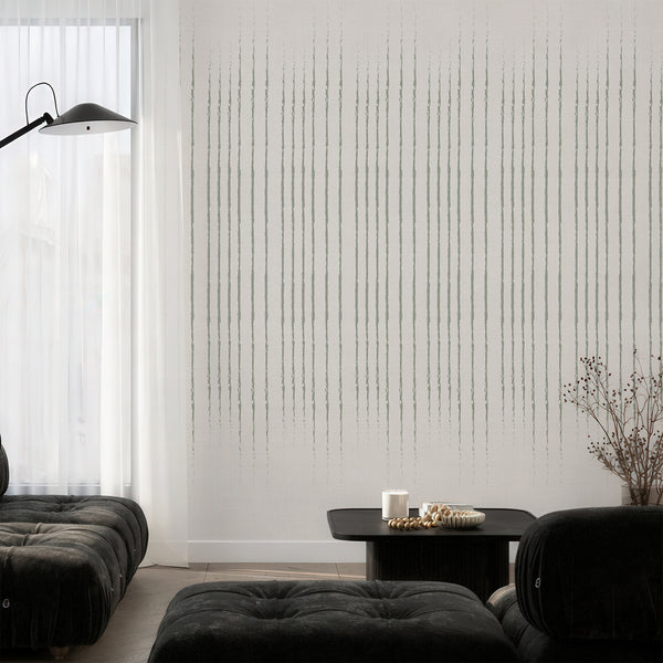 Sage Green Vertical Stripes Wall Mural featuring narrow, hand-edged lines in muted sage, ideal for Japandi interiors.