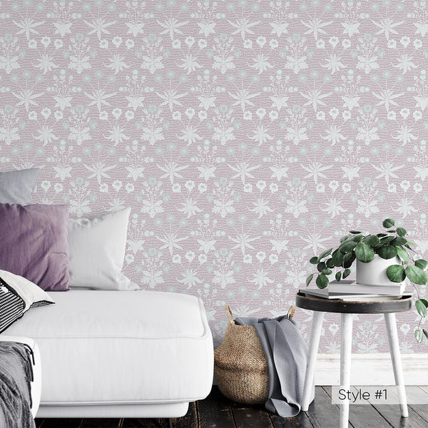 Pink Green Daisy by Morris Wallpaper W131 - CostaCover - Peel and stick Removable Wallpaper - abstract floral - abstract wall art - abstract wallpaper