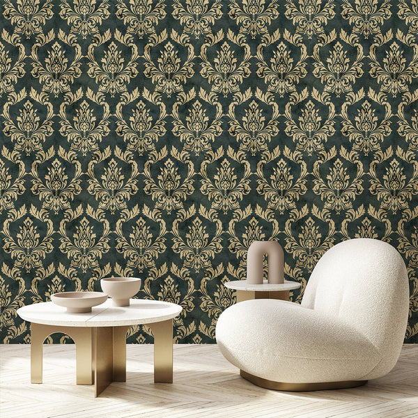 Gold Green Damask Wallpaper A029 - CostaCover - Peel and stick Removable Wallpaper - abstract wallpaper - accent wallpaper - adhesive wallpaper
