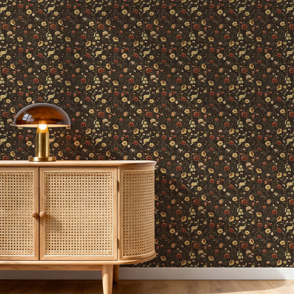 Botanical peel and stick wallpaper with a moody wildflower pattern, combining warm floral tones and a dark background for elegant bedroom or living room decor.