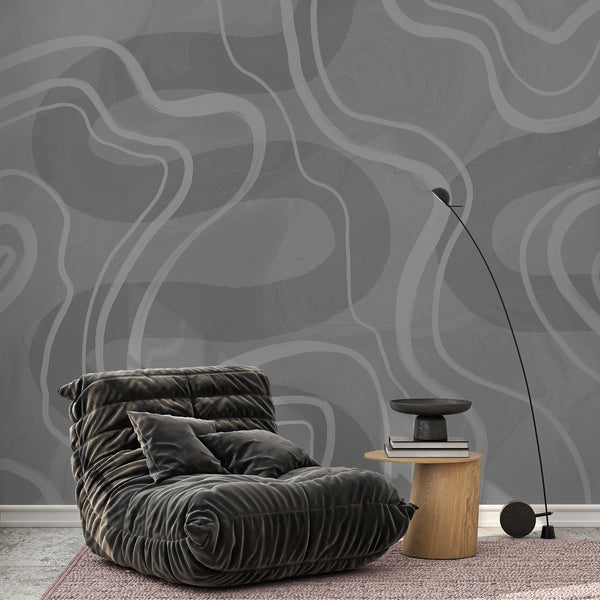 Gray and white wallpaper with oversized organic curves and a softly textured background, designed for modern minimalist home interiors.