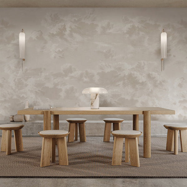 Beige sky wallpaper with soft billowing clouds and subtle warm neutral shading, creating a dreamy atmospheric backdrop for bedroom and nursery decor.