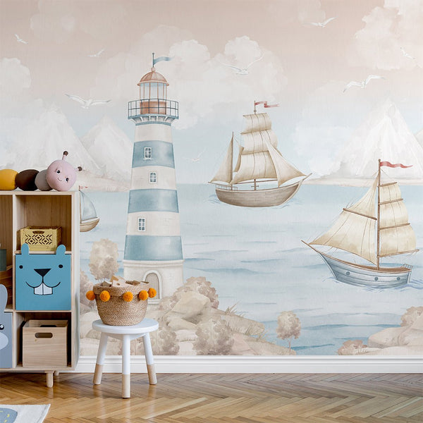Pastel Nautical Lighthouse Wall Mural AM148 - CostaCover-Peel and stick Removable Wallpaper-accent wallpaper-adhesive wallpaper-baby bedroom