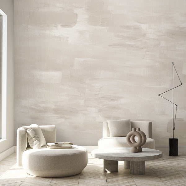 Close-up of abstract brush stroke mural in beige, cream, and taupe tones, offering a smooth, painterly backdrop for bedrooms or offices. The wall mural’s soft, blended strokes and matte finish create a subdued, modern aesthetic. Eco-friendly and easy to apply, this temporary wallpaper is perfect for renters or designers looking to enhance spaces with a neutral, artistic touch.