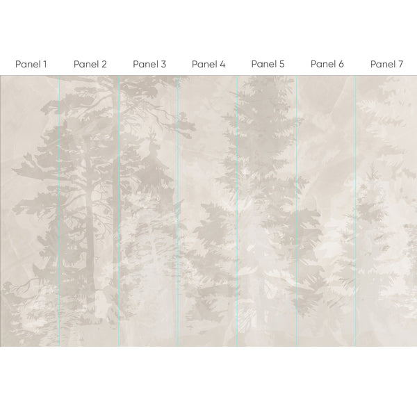 Beige forest wall mural with soft vertical tree trunks and branch silhouettes in warm taupe and muted greige. The painterly design adds serene depth to a minimalist living room or cozy bedroom. Ideal for creating a calm, natural accent wall with removable peel and stick or traditional unpasted wallpaper, perfect for eco-friendly home decor enthusiasts.