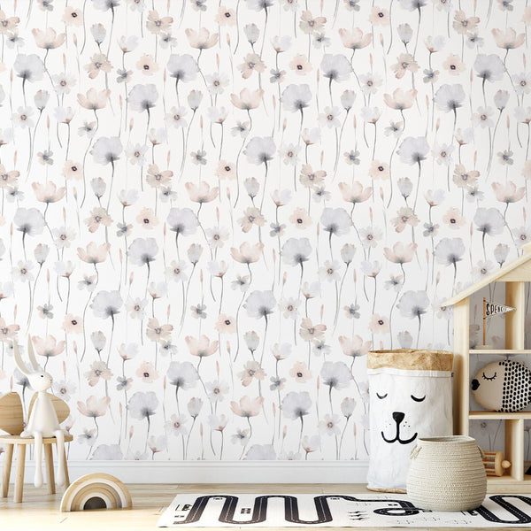 Colored Watercolor Flowers Wallpaper S078 - CostaCover - Peel and stick Removable Wallpaper - accent wallpaper - adhesive wallpaper - baby bedroom