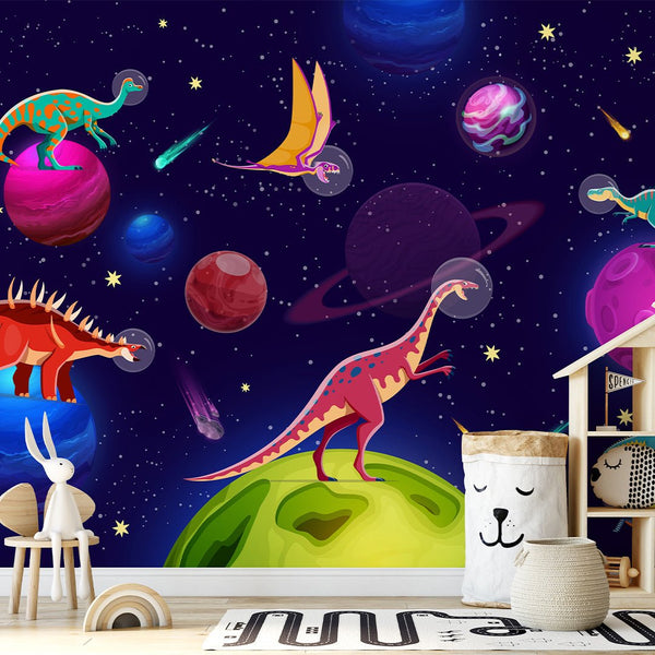 Dinosaurs in Space Wall Mural SM096 - CostaCover - Peel and stick Removable Wallpaper - accent wallpaper - adhesive wallpaper - bathroom wallpaper