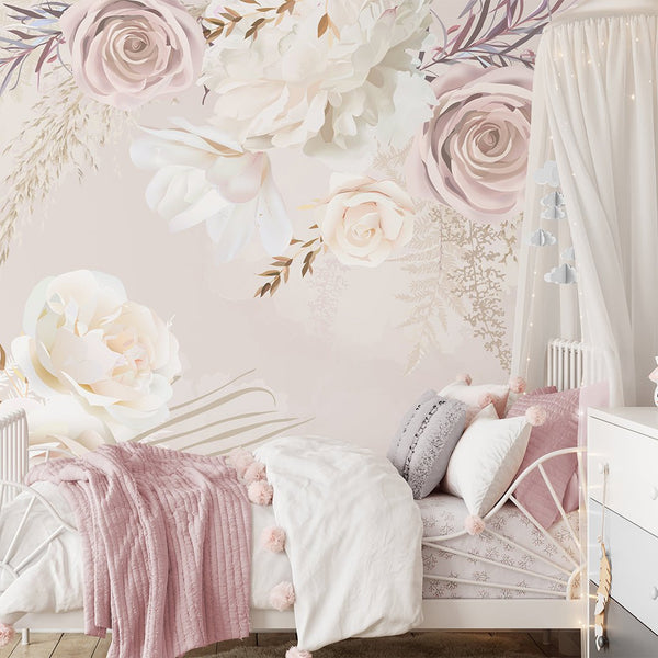 Soft Pink & White Flowers Wall Mural WM010 - CostaCover - Peel and stick Removable Wallpaper - baby bedroom - bathroom wallpaper - bedroom interior