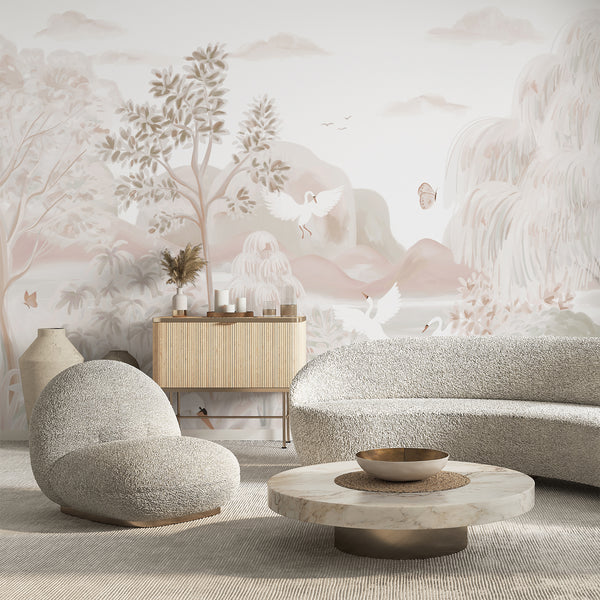 Japanese landscape wallpaper with graceful white swans, willow trees, soft mountains, butterflies and delicate pastel foliage for a serene bedroom wall.