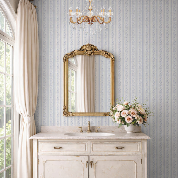 Blue Floral Stripe Wallpaper L129