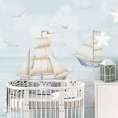 Blue Beige Sailboats Wall Mural AM151