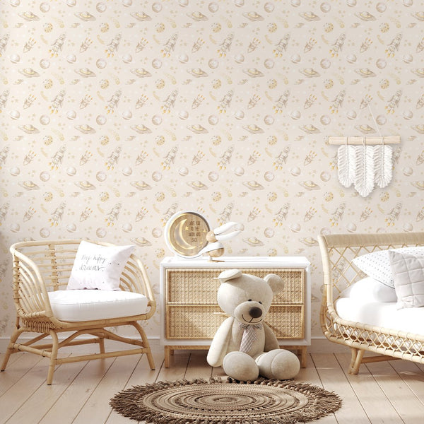 Beige Spaceships & Planets Wallpaper S121 - CostaCover-Peel and stick Removable Wallpaper-accent wallpaper-adhesive wallpaper-baby bedroom