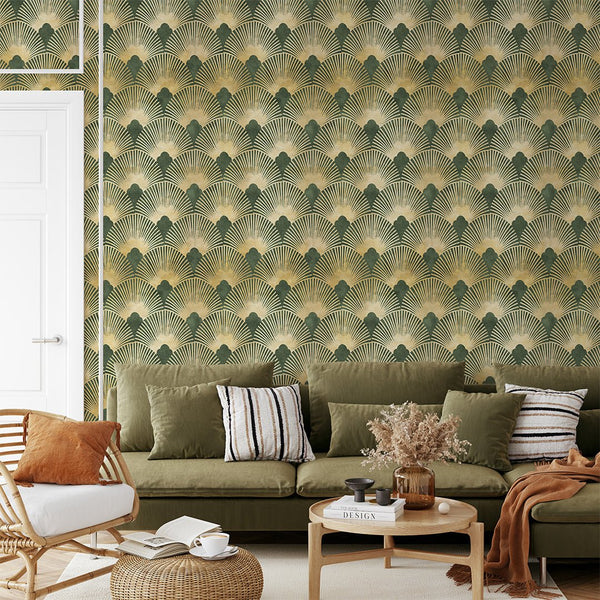 Green & Gold Effect Art Deco Wallpaper CC306 - CostaCover - Peel and stick Removable Wallpaper - Abstract - abstract wallpaper - accent wallpaper