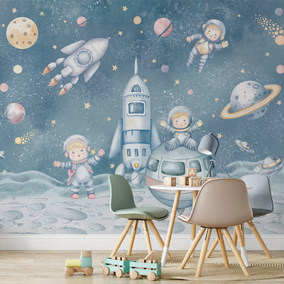 Pastel Blue Astronauts & Rockets Wall Mural SM084