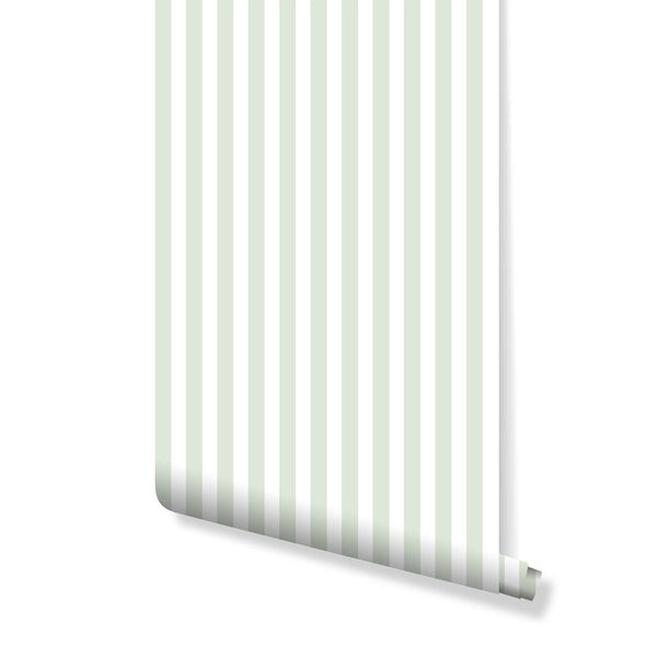 Green Stripe wallpaper with mint-green and off-white pinstripes, ideal for a nursery or bedroom. This wall mural’s subtle vertical pattern enhances height and brightens spaces with its crisp, low-contrast palette. Made in the USA, the removable, self-adhesive wallpaper is perfect for renters or decorators seeking a coastal or Scandinavian-inspired accent wall.