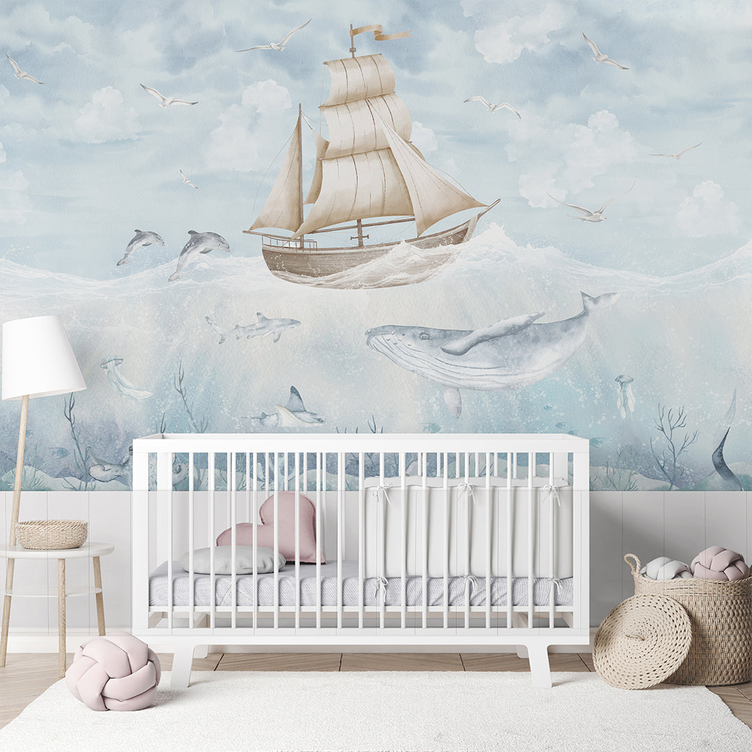 Blue Beige Sailboat & Whale Wall Mural AM152