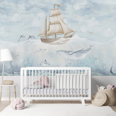 Blue Beige Sailboat & Whale Wall Mural AM152