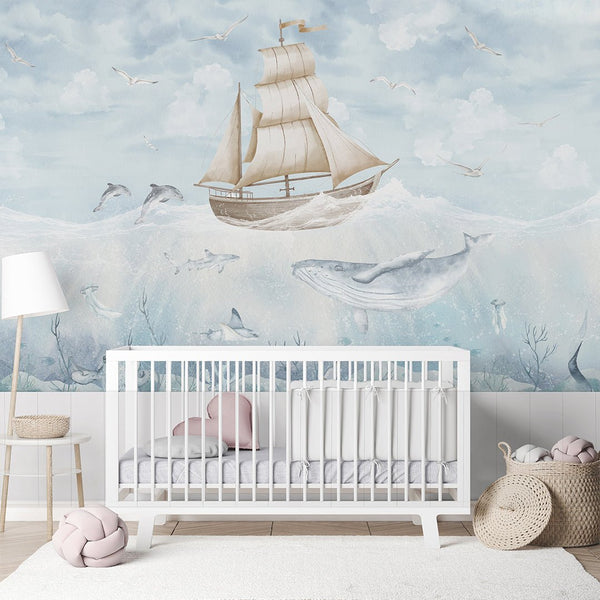 Blue Beige Sailboat & Whale Wall Mural AM152 - CostaCover-Peel and stick Removable Wallpaper-accent wallpaper-adhesive wallpaper-baby bedroom