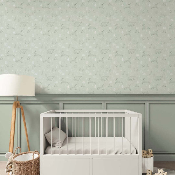 Pale Green Forest Animals Wallpaper S039 - CostaCover - Peel and stick Removable Wallpaper - abstract forest - accent wallpaper - adhesive wallpaper