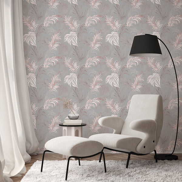 Gray & Pink Palm Leaves Wallpaper W133 - CostaCover - Peel and stick Removable Wallpaper - abstract wall art - abstract wallpaper - accent wallpaper