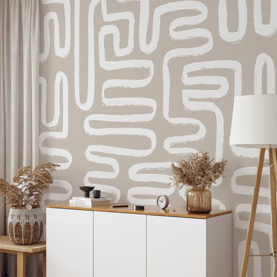 Boho Beige & White Abstract Line Self Adhesive Wallpaper W044