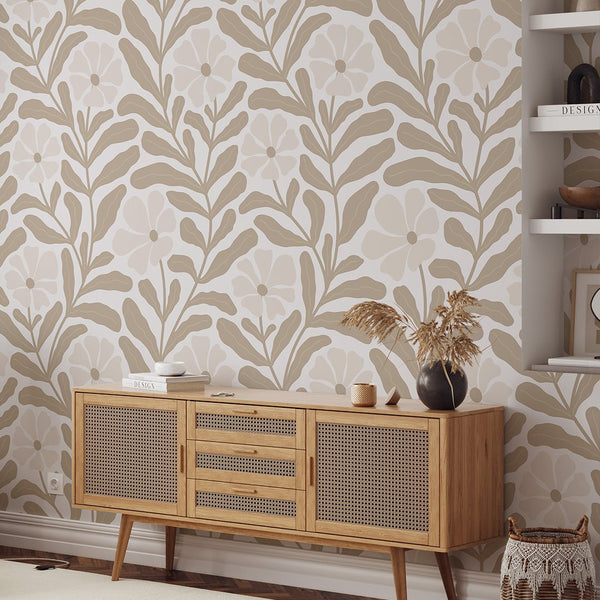 Beige Floral Botanical Wallpaper W141 - CostaCover-Peel and stick Removable Wallpaper-Abstract-abstract floral-abstract lines