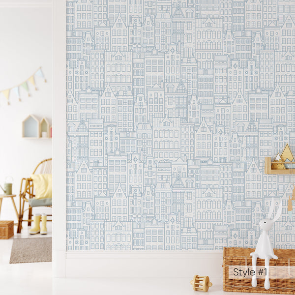 Blue Pink Beige City Houses Wallpaper CC311 - CostaCover - Peel and stick Removable Wallpaper - Abstract - Abstract Labyrinth Lines - abstract lines