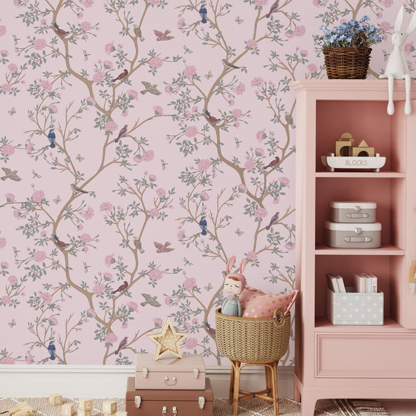 Pink Blossom Trees & Birds Wallpaper W059 - CostaCover - Peel and stick Removable Wallpaper - accent wallpaper - adhesive wallpaper - baby bedroom