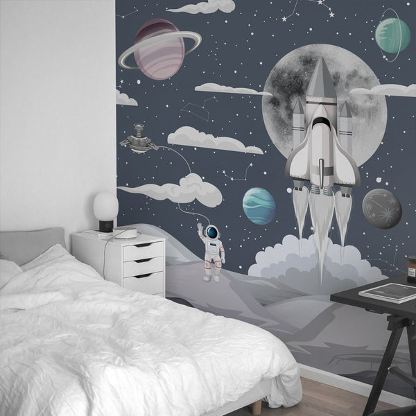 Grey Space & Star Ship Wall Mural WM063 - CostaCover - Peel and stick Removable Wallpaper - abstract wall art - abstract wallpaper - accent wallpaper