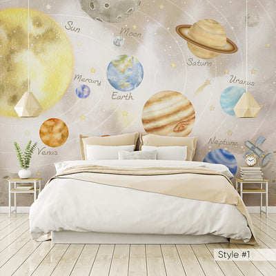 Beige Blue Solar System Wall Mural WM079