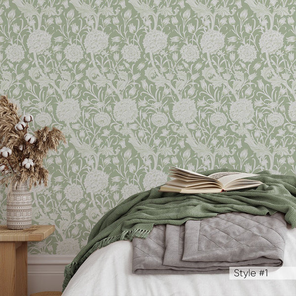 Green Beige Wild Tulip by Morris Wallpaper W111 - CostaCover - Peel and stick Removable Wallpaper - abstract floral - abstract wallpaper - accent wallpaper