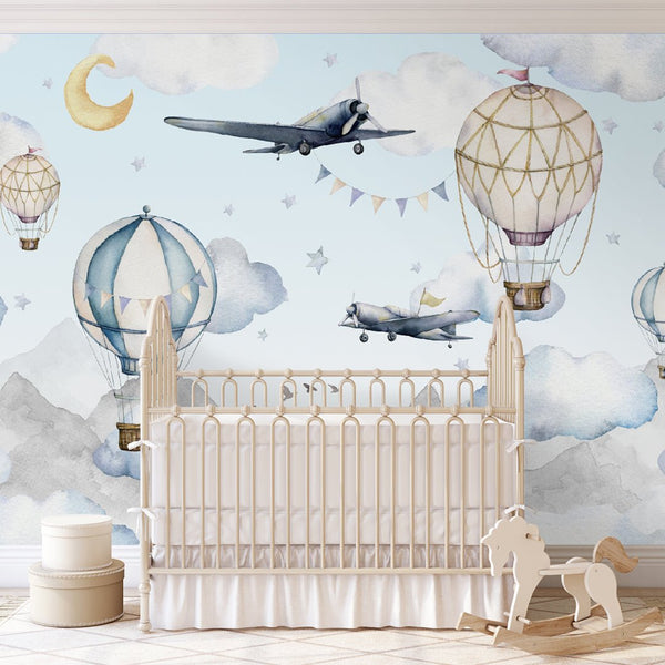 Air Balloons & Airplanes Wall Mural WM064 - CostaCover - Peel and stick Removable Wallpaper - accent wallpaper - adhesive wallpaper - air balloon