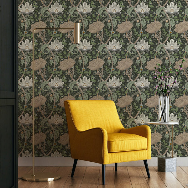 Classic yet graphic floral wallpaper featuring a lattice of oversized flowerheads and scrolling stems over a deep green base with beige and sage accents. Perfect for an accent wall in a study or living room, adding a bold botanical touch with a hint of blue.