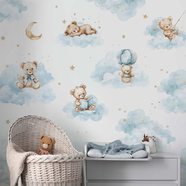 Blue Clouds and Bears Wall Mural SM011 - CostaCover - Peel and stick Removable Wallpaper - abstract wallpaper - accent wallpaper - adhesive wallpaper