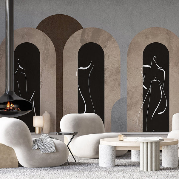 Beige Gray Arches & Girl Lines Wall Mural AM061 - CostaCover - Peel and stick Removable Wallpaper - Abstract - abstract arches - abstract lines