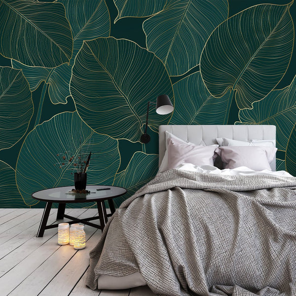 Green Gold Effect Leaves Wall Mural CCM179 - CostaCover - Peel and stick Removable Wallpaper - Abstract - abstract floral - abstract lines