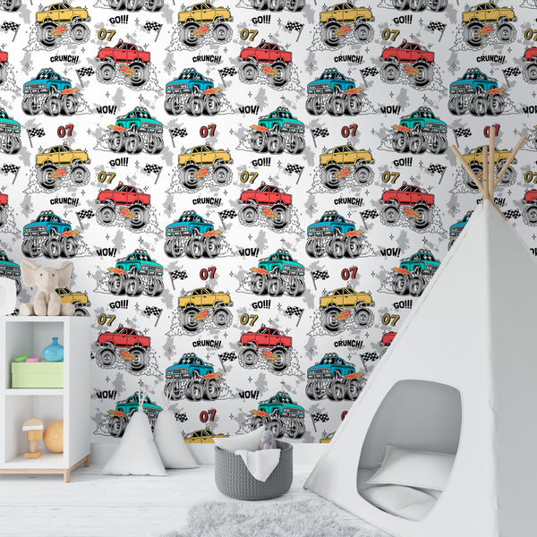 Сolored Monster Truck Cars Wallpaper CC316 - CostaCover - Peel and stick Removable Wallpaper - abstract wall art - abstract wallpaper - accent wallpaper