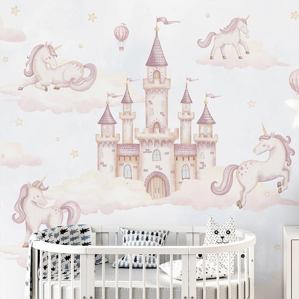 Airy Kingdom & Unicorns Wall Mural AM135 - CostaCover-Peel and stick Removable Wallpaper-accent wallpaper-adhesive wallpaper-baby bedroom