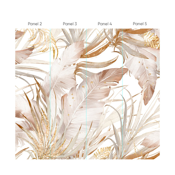 Banana Leaves Wall Mural in blush-beige and warm tan creates a lush tropical canopy with sweeping leaf arcs. Ideal for modern boho interiors, this feature wall design adds a bold statement to bedrooms or living rooms. The removable peel and stick format is eco-friendly and easy to reposition, making it perfect for decorators and designers.