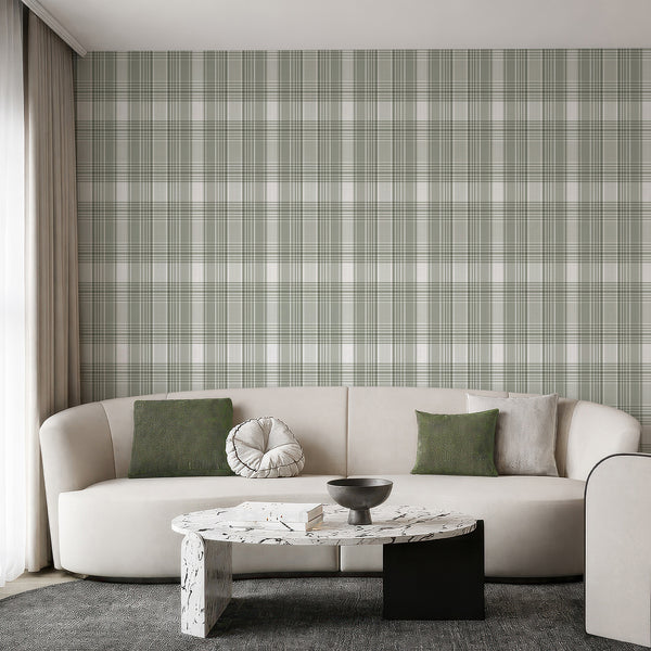 Sage green plaid wallpaper featuring a geometric checkered pattern with layered neutral stripes, perfect for a cottagecore or farmhouse bedroom.