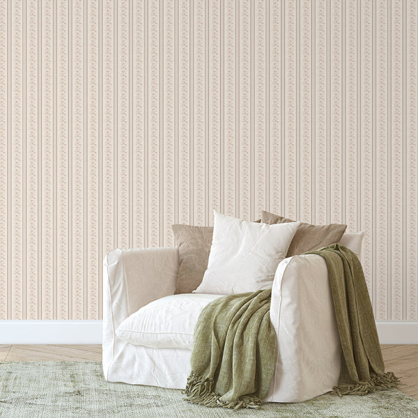 Beige Taupe Floral Stripe Wallpaper L128