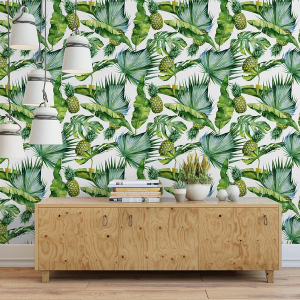 Tropical Leaves & Pineapples Wallpaper CC044 - CostaCover - Peel and stick Removable Wallpaper - bathroom wallpaper - bedroom interior - Colorful Stick on Wall cover for renters