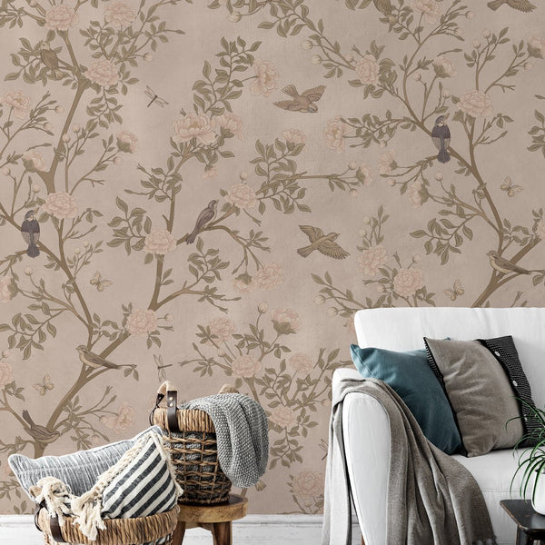 Beige Trees & Birds Wall Mural WM034 - CostaCover - Peel and stick Removable Wallpaper - accent wallpaper - adhesive wallpaper - bathroom wallpaper