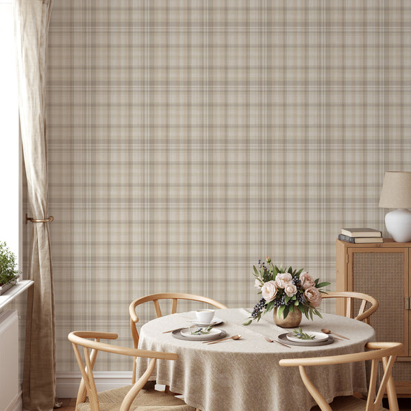 Vintage neutral plaid wallpaper with overlapping horizontal and vertical stripes in beige and gray, ideal for English country and farmhouse home decor.