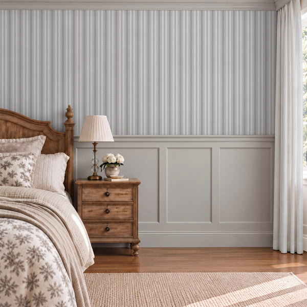 Neutral striped wallpaper with narrow beige gray and white vertical lines and delicate herringbone-style patterns, ideal for farmhouse and rustic country interiors.